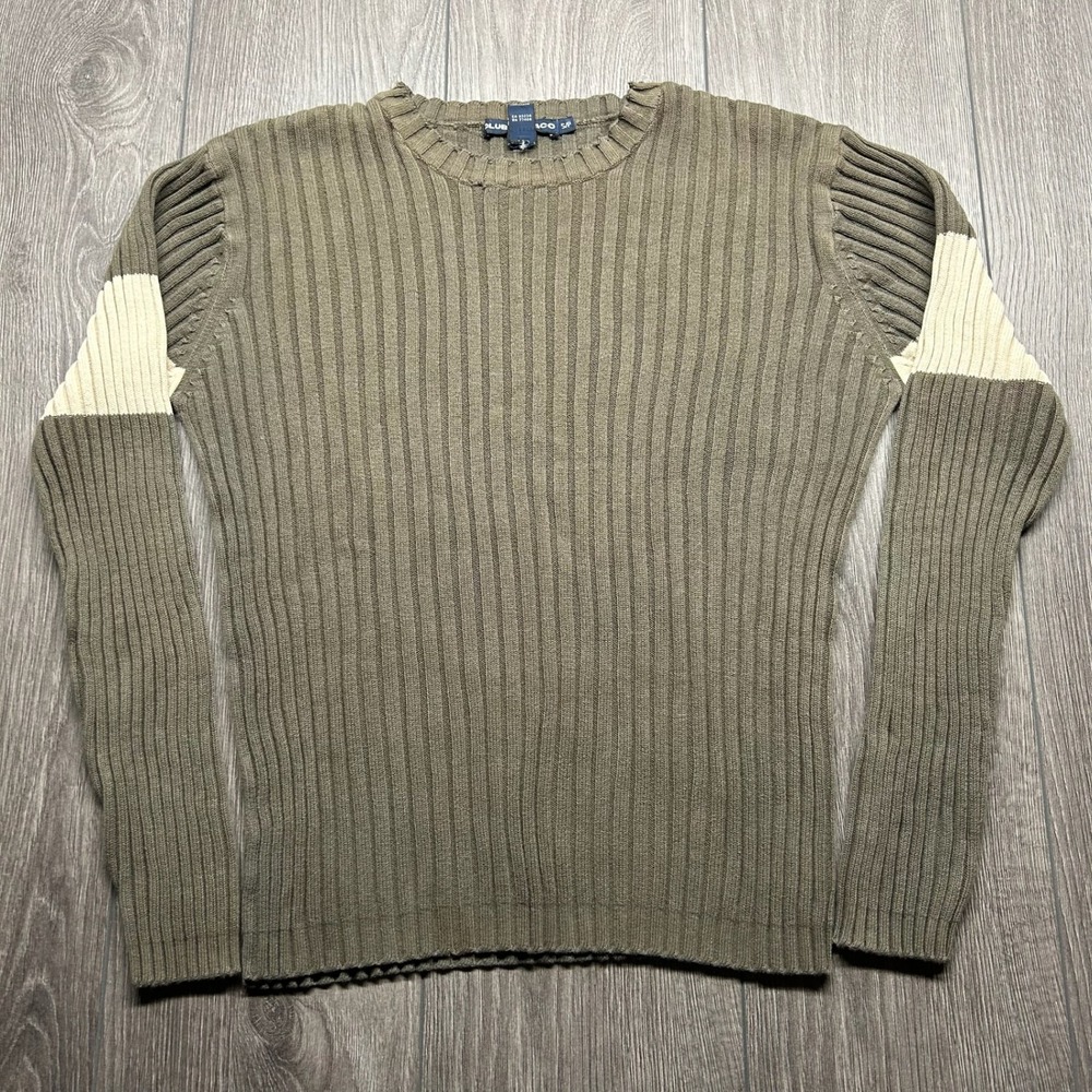 Club Monaco Womens Ribbed Knit Cotton Sweater Green Cream Stripe Distressed S